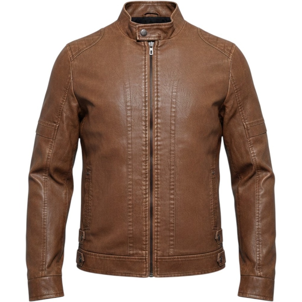 WULFUL Mens Faux Leather Moto Jacket Brown‎ Quilted Biker Coat Large